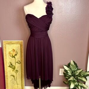 DB Studio Eggplant Purple One Shoulder Ruched Flower Accent High Low Dress XXL